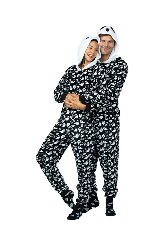 Holiday Matching Couples Costume Pajama Onesie With Socks and Mask, Ghost, Devil, and Skeleton, Black Ghost (Men), Size: M