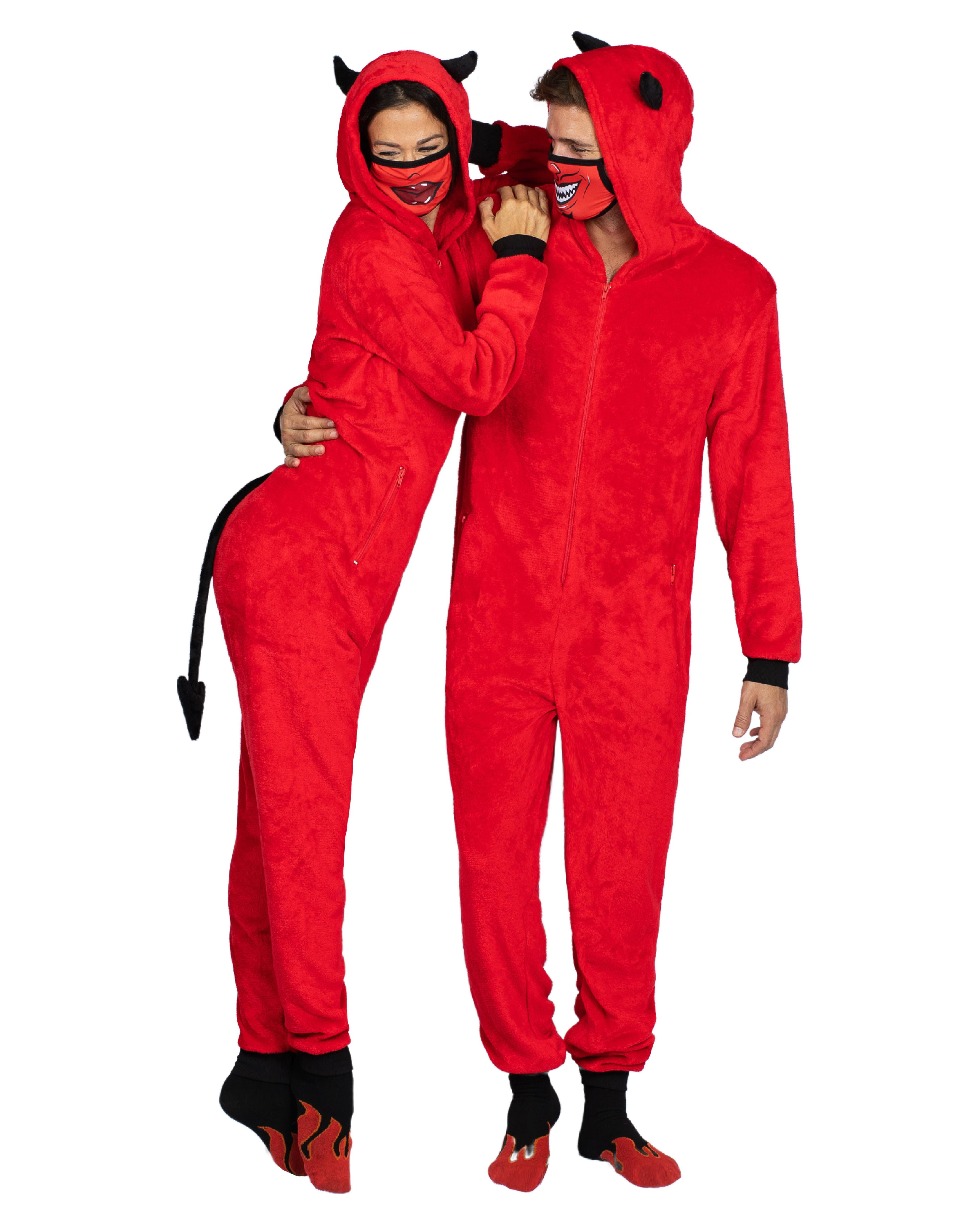 Holiday Matching Couples Costume Pajama Onesie With Socks and Mask, Ghost,  Devil, and Skeleton, Red Devil (Men), Size: 2X