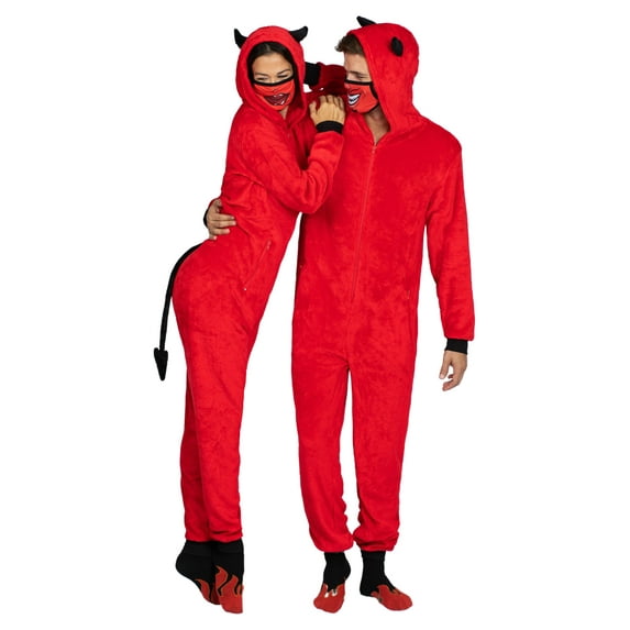 Holiday Matching Couples Costume Pajama Onesie With Socks and Mask, Ghost, Devil, and Skeleton, Red Devil (Women), Size: XL