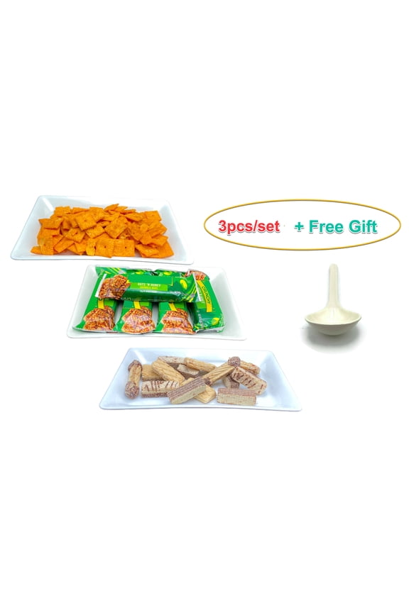 Holiday Melamine Tidbit Serving Trays for Sushi, Cake Slice, Tarts, Pies, Cream Puffs Rectangular with Modern Attractive Designs 9" x 6" each 3pcs/set (White)