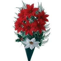 Holiday Memorial, Red Poinsettia Artificial Bouquet, Outdoor Grave Decorations, 14” High