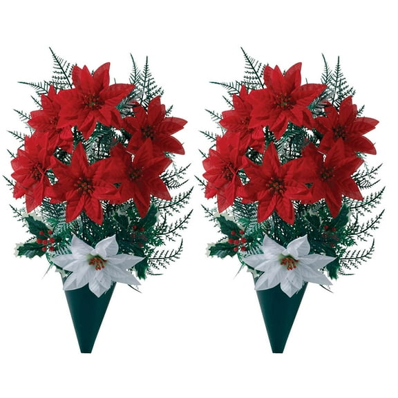 Holiday Memorial Artificial Flower Set – Includes 2 Silk Poinsettia Arrangements with Green Vases & Ground Stakes – 14" Tall Outdoor Grave Decorations for Christmas & Winter Tribute Displays