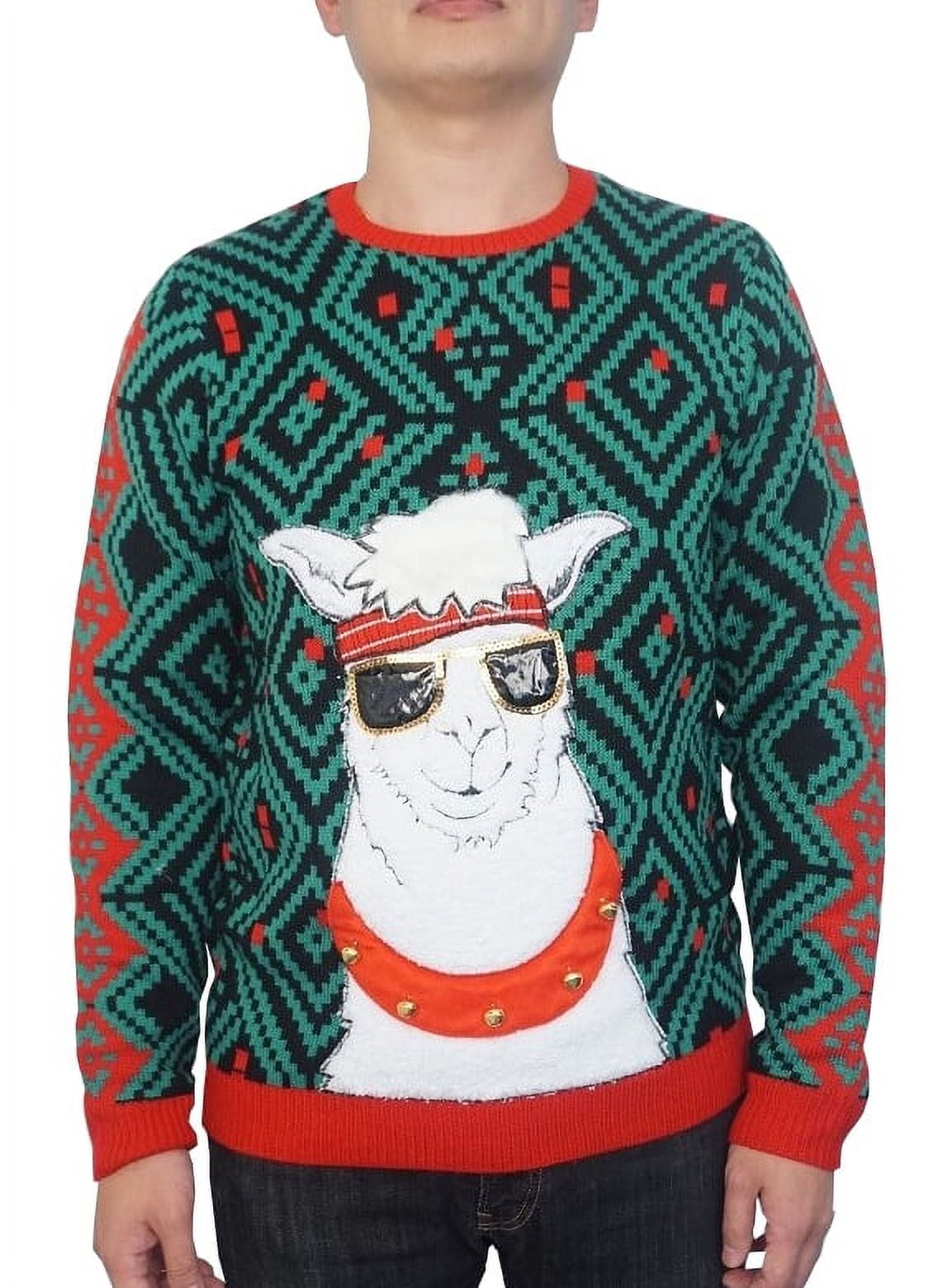Holiday Men's Jingle Bell Llama Ugly Christmas Sweater, Up to size 2XL