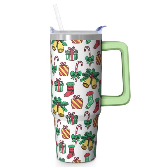 Holiday Merry Christmas 30oz Stainless Steel Coffee Tumbler with Handle and Straw Lid, Leak Proof Insulated Travel Mug, Winter Gift for Women
