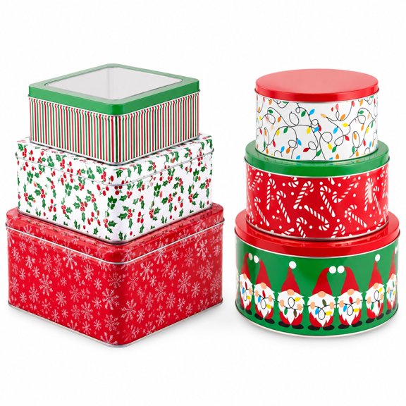 Holiday Metal Cookie and Gift Tin Bundle, 6 Piece Nesting Set of 3 Square Tins with Clear Lids and 3 Round Gnome Tins