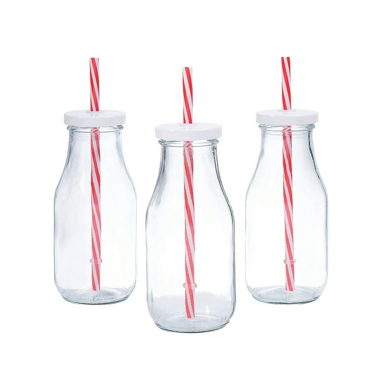 Clear Glass Milk Bottles with Striped Straws (Per Dozen