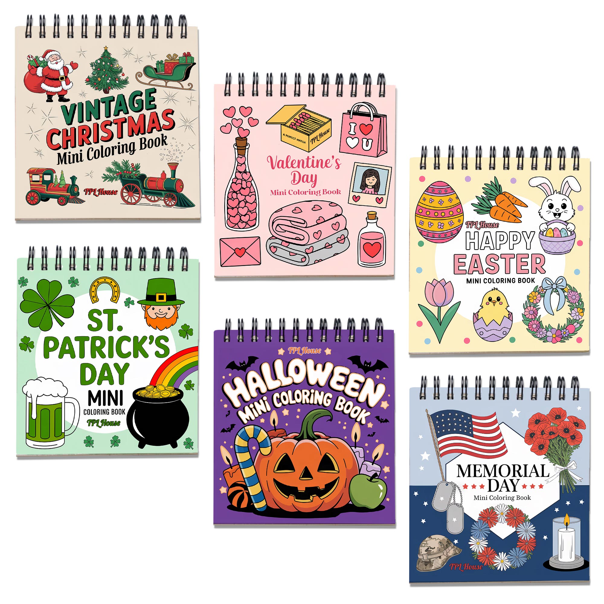 Holiday Mini Coloring Book Spiral Bound for Adult, Pack 6, 3.5” x 3.5” Pocket Size, 40 Coloring Pages Stress & Anxiety Relief, Travel for Women Men