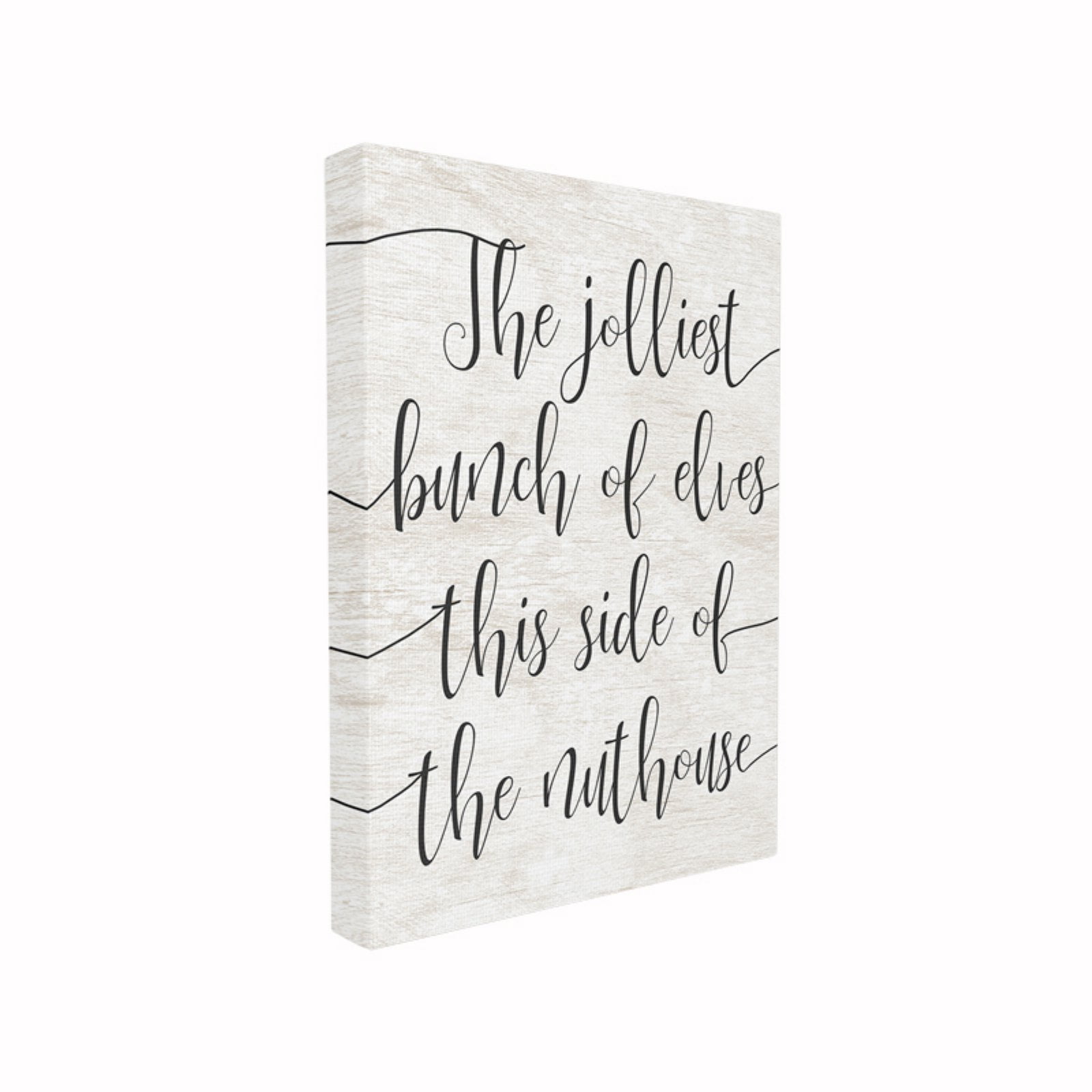 Holiday Minimal Rustic White Wood The Jolliest Bunch Of Elves Typography Oversized Stretched Canvas Wall Art, 24 x 1.5 x 30