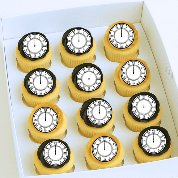 Holiday New Year Countdown Clock Badge Icon 2inch Round Edible Cupcake & Cookie Toppers -15ct