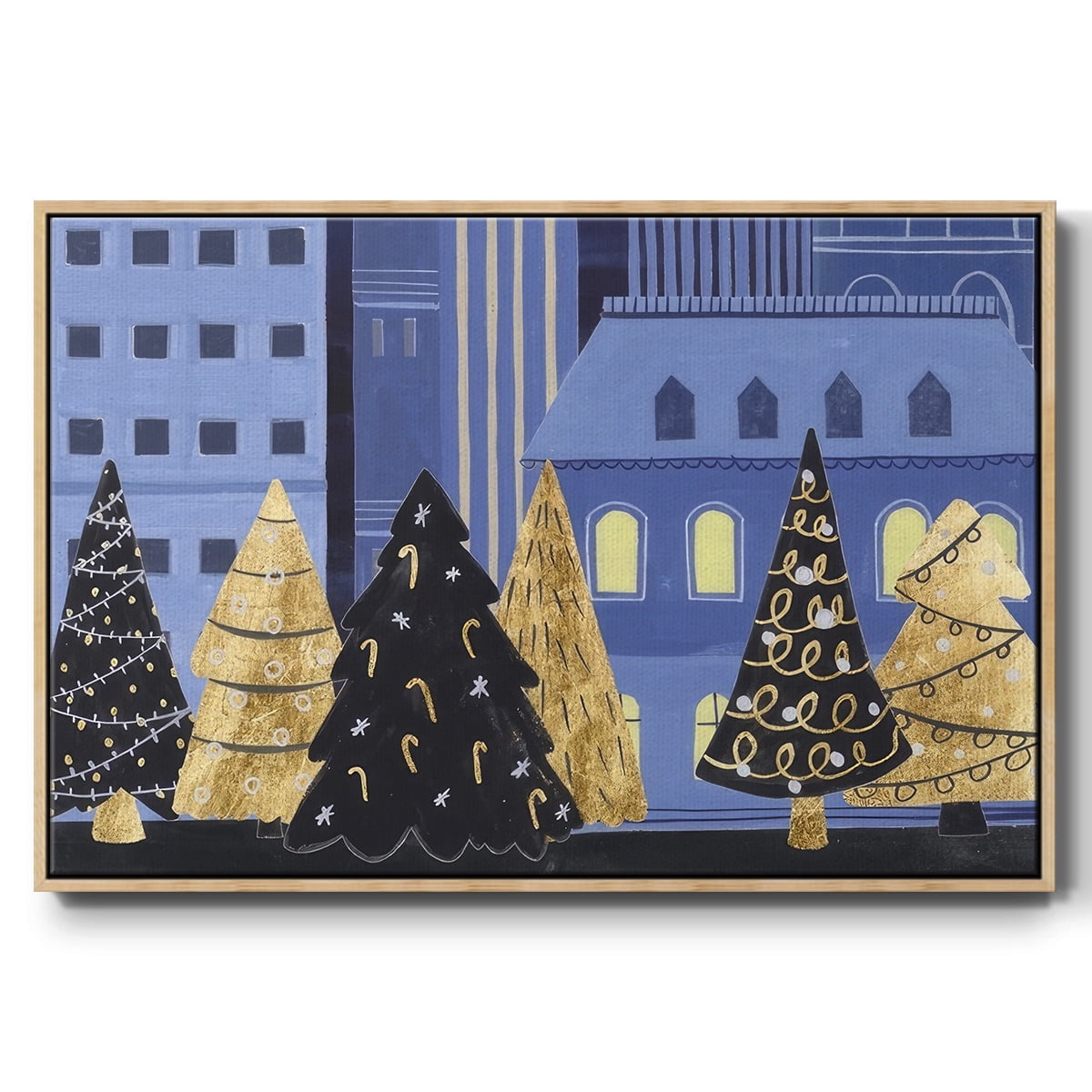 Holiday Night Collection A - Framed Gallery Wrapped Holiday Canvas - 17 x 25 - Natural Wood Frame