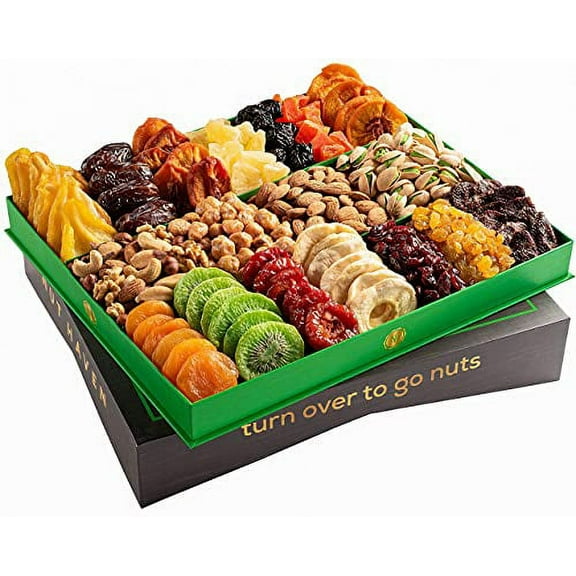 Holiday Nuts & Dried Fruit Gift Basket  Selection of 18 Food Tray  Gourmet Snack Box for Mothers Day, Fathers Day, Families, Men, Women, Holiday, Christmas, Thanksgiving, Sympathy, Birthday