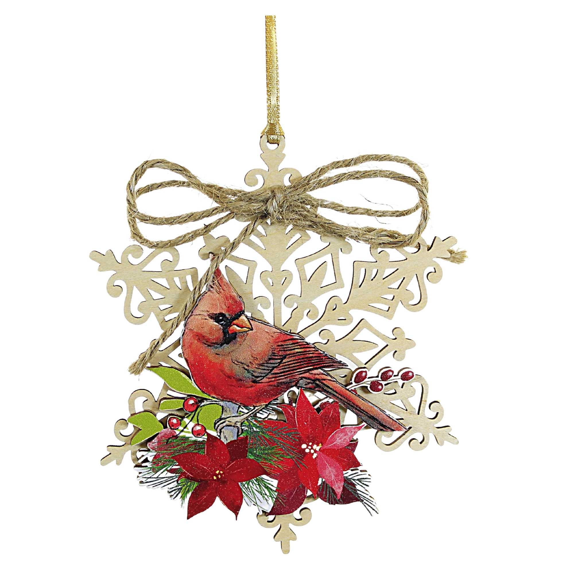5.0 Inch Red Cardinal and Poinsettia Wooden Snowflake Ornament