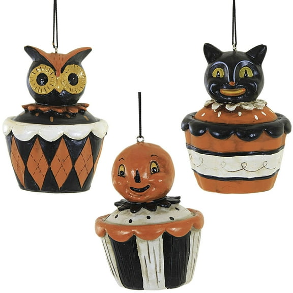 Holiday Ornament Halloween Cupcake Polyresin Pumpkin Owl Black Cat J8916