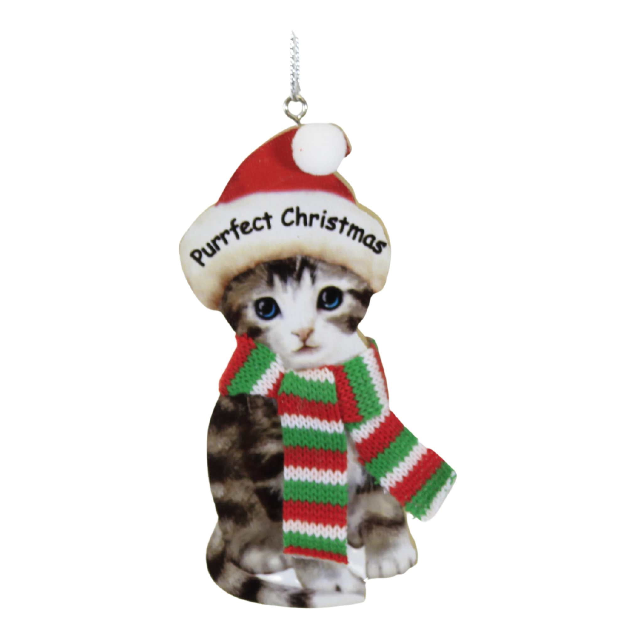 Festive Kitten with Knitted Scarf and Santa Hat Wood Ornament