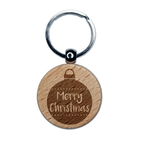 Holiday Ornament Merry Christmas Round Keychain Charm Tag - Engraved Wood