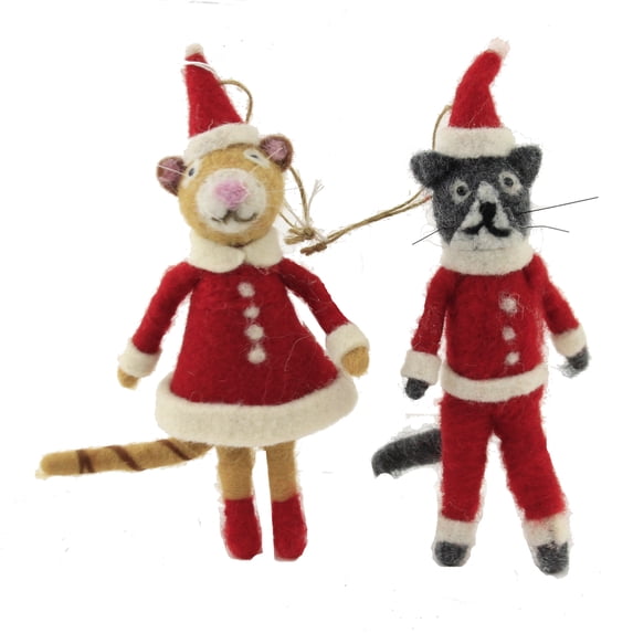 Holiday Ornament Mr & Mrs Cat Clause Set/2 Felt Kitten Santa Stand Hang Wo2033