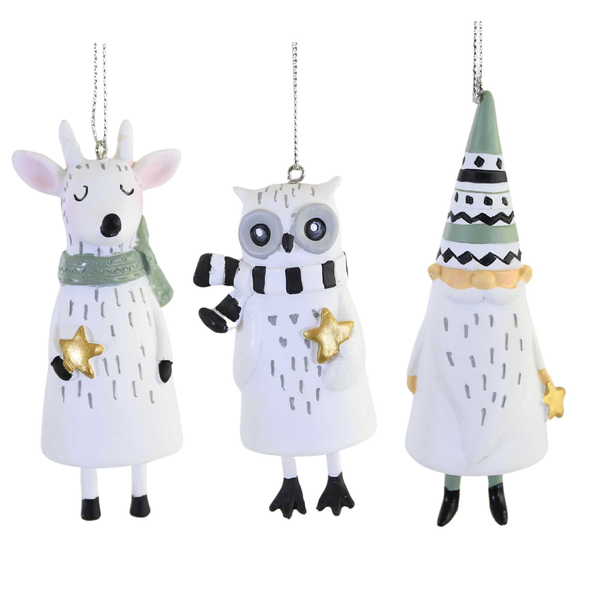 White Resin Owl Gnome Deer Christmas Ornament Set