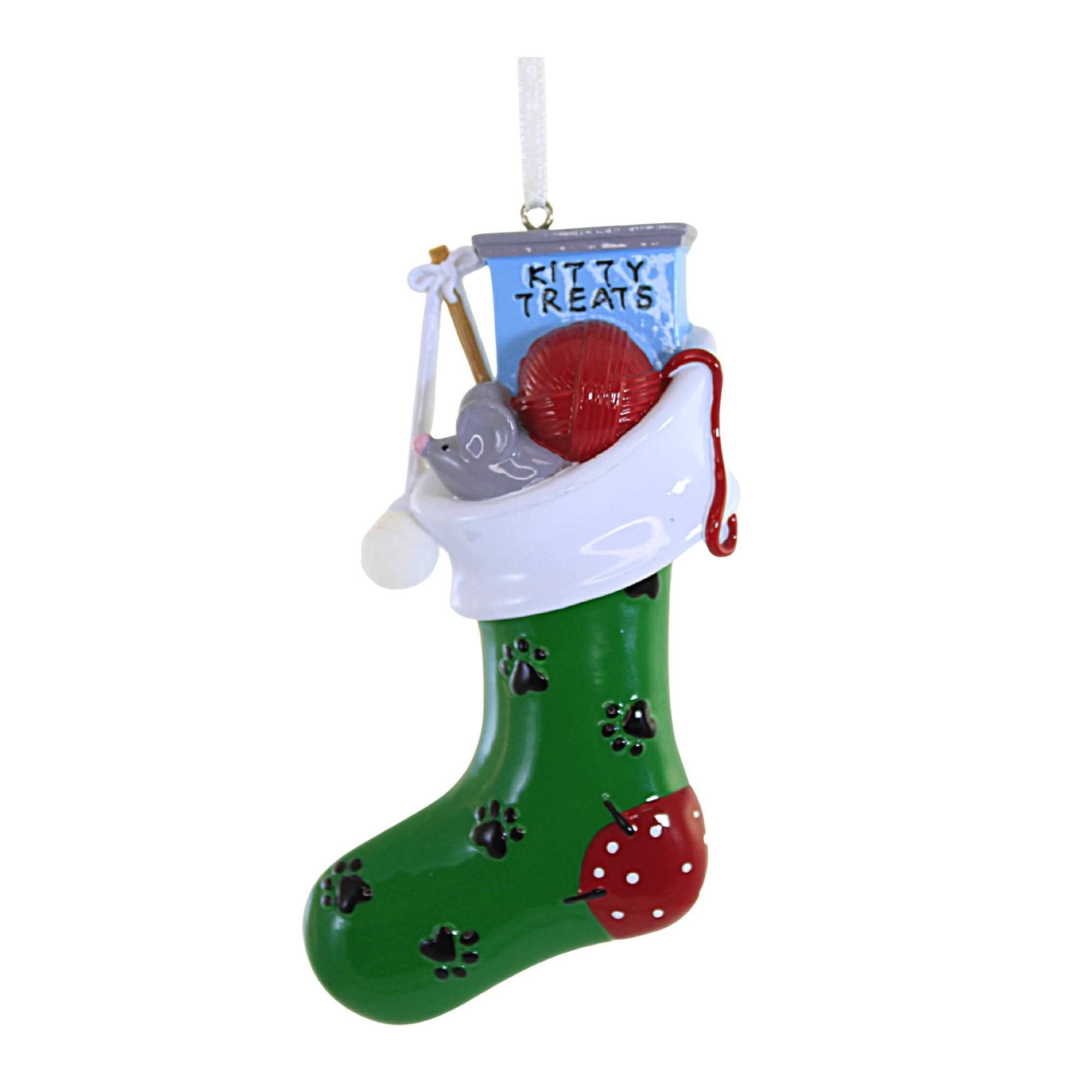 Green and White Resin Cat Stocking Ornament with Customizable Trim