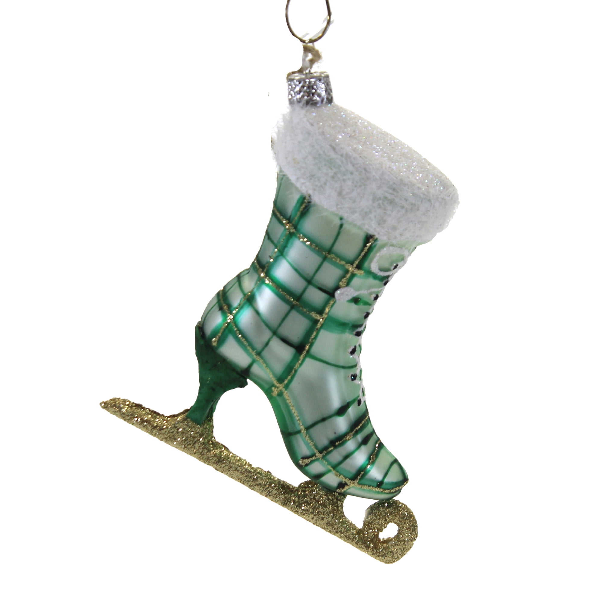 Green Plaid Glass Ice Skate Ornament with Glittered Blade