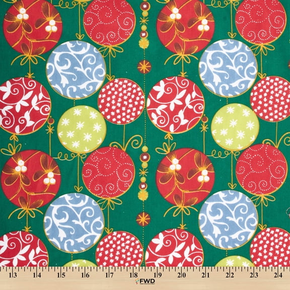 Holiday Ornament Print Broadcloth Fabric - Green Multi-Color Polyester Cotton 58/60" By The Yard