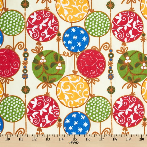 Holiday Ornament Print Broadcloth Fabric - Ivory Multi-Color Polyester Cotton 58/60" By The Yard