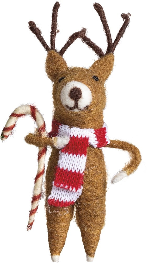 8 Inch Brown Felt Reindeer with Candy Cane Ornament