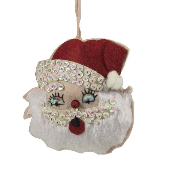 Holiday Ornament Retro Felt Sequin Santa Face Vintage 1950 1960 Christmas Wo2246