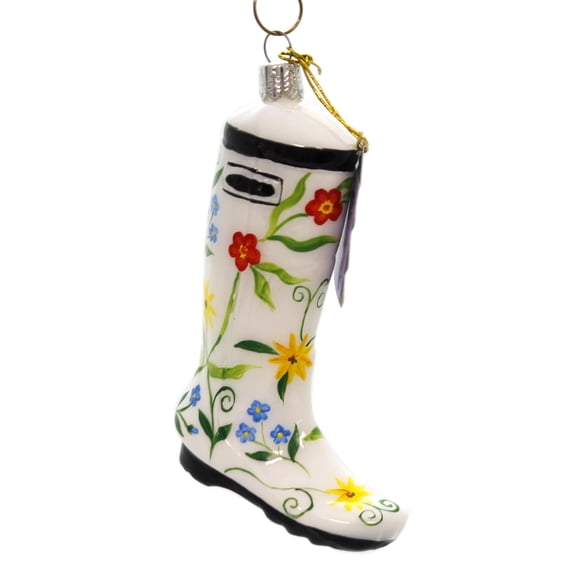 Holiday Ornaments WHITE FLOWER BOOT Glass Hand Painted 37590701