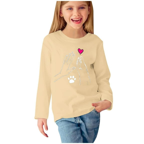 Holiday Outfits AJTQTH Kids Girls Long Sleeve Graphic T-Shirts Funny Print Crewneck Pullover Sweatshirts Loose Lightweight Fashion Holiday Gift Tees Tops Beige 9-10 Years