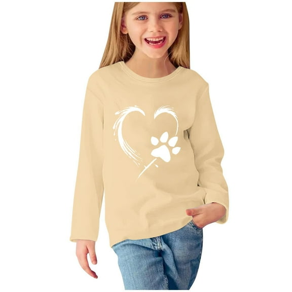 Holiday Outfits AJTQTH Lovely Dog Paw Heart Pattern Graphic T-Shirts for Kids Boys Girls Casual Long Sleeve Crewneck Pullover Sweatshirts Loose Oversized Baggy Shirts Beige 7-8 Years