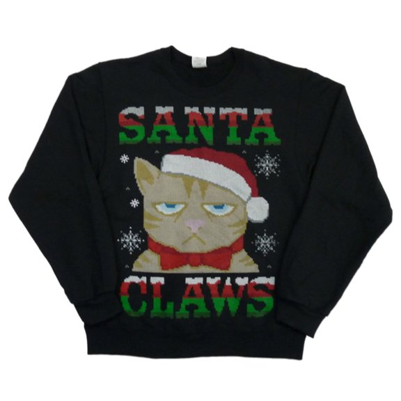 Holiday Party Mens Black Santa Claws Christmas Kitty Cat Sweatshirt S