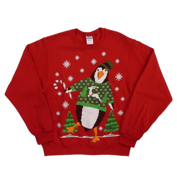 Holiday Party Mens Red Penguin & Reindeer Christmas Sweatshirt XL