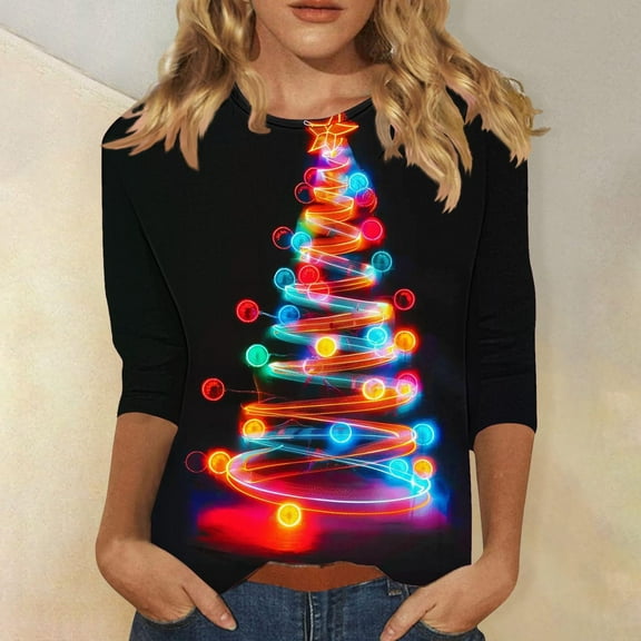 Holiday Party Outfits Aueoeo Womens Tops 3/4 Sleeve Christmas Shirts Graphic Print Slim Fashion Cute Tops Crewneck Tshirts Fall Blouse L