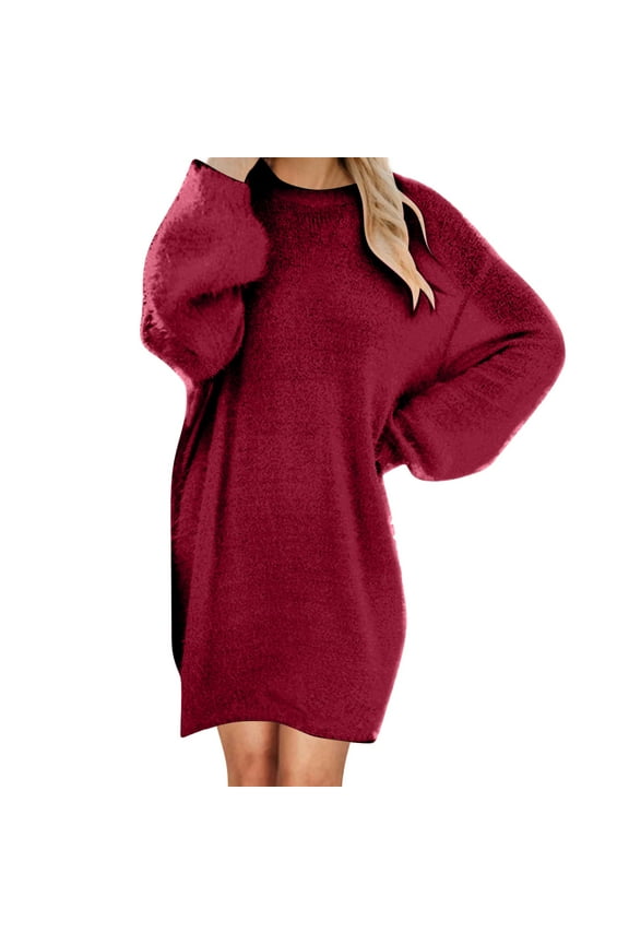 Holiday Party Outfits Xysaqa Women's Oversized Crew Neck Long Pullover Mini Sweater Dress Super-Soft Comfy Furry Loose Oversize Sweater Dress 2024 （Available in Plus Size) Red 4X