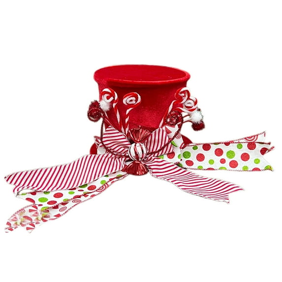 Holiday Party Top Hat with Candy Cane Decorative Elements and Striped Ribbon Print for Seasonal Costume Accessory
