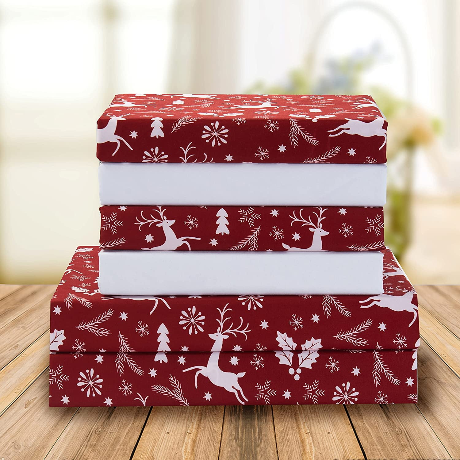 홀리데이 패턴 1500시리즈 시트세트(6피스) 침구세트, 퀸, 버건디순록