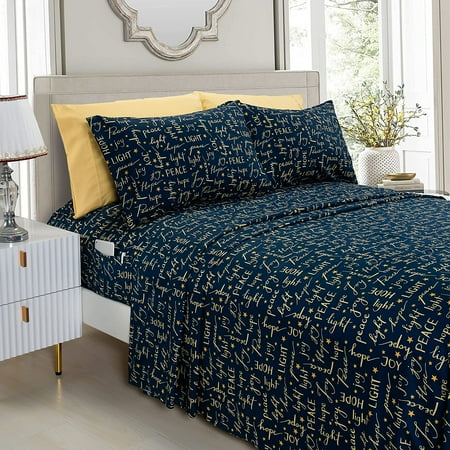 Holiday Pattern 1500 Thread Count Sheet set (6-Piece) Bedding Set, King, Peace and Joy