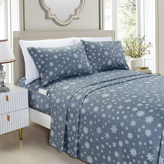 Holiday Pattern 1500 Thread Count Sheet set (6-Piece) Bedding Set, Queen, SnowFlake-Gray