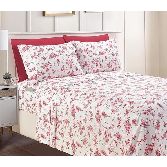 Holiday Pattern 6-Piece Luxury Soft Bed Sheets, 1500 Premium Hotel Quality Microfiber, Wrinkle & Fade Resistant Bedding Set, Cal King, Cardinal