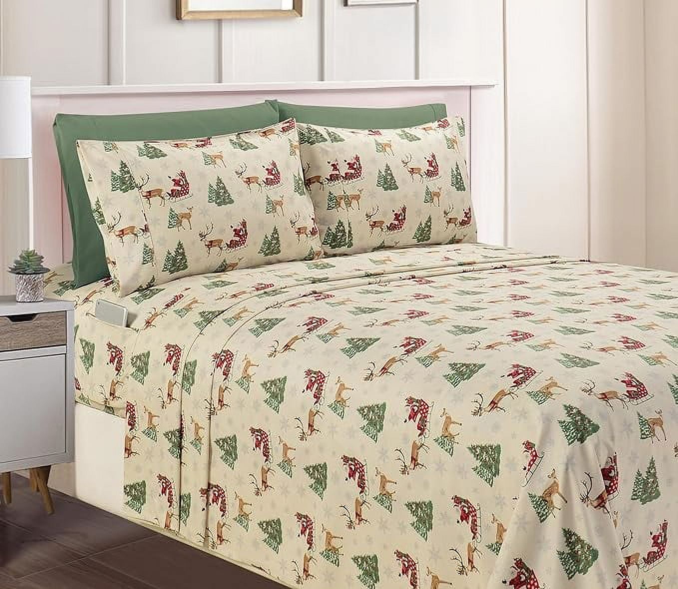 Holiday Pattern 6-Piece Luxury Soft Bed Sheets, 1500 Premium Hotel Quality Microfiber, Wrinkle & Fade Resistant Bedding Set, King, Santa Moose