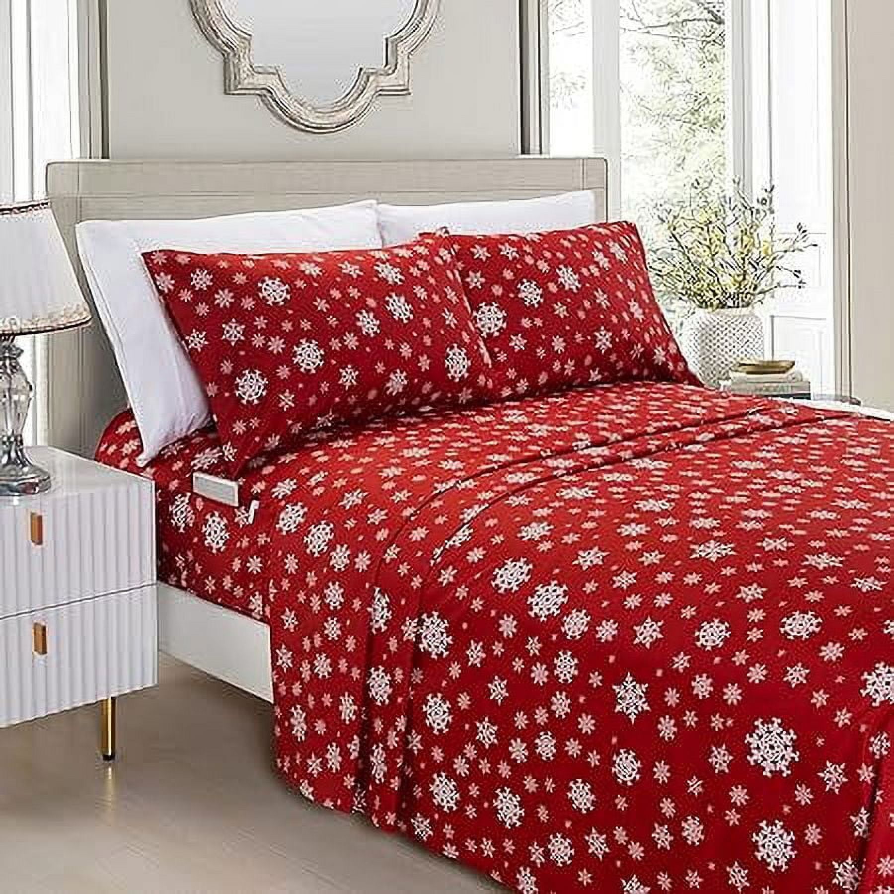 Holiday Pattern Microfiber- Wrinkle and Fade Resistant (6-Piece) Bedding Set, Cal King, SnowFlake-Burgundy