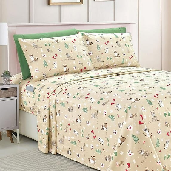 Holiday Pattern Wrinkle and Fade Resistant (6-Piece) Bedding Set, Queen, Cream Cats