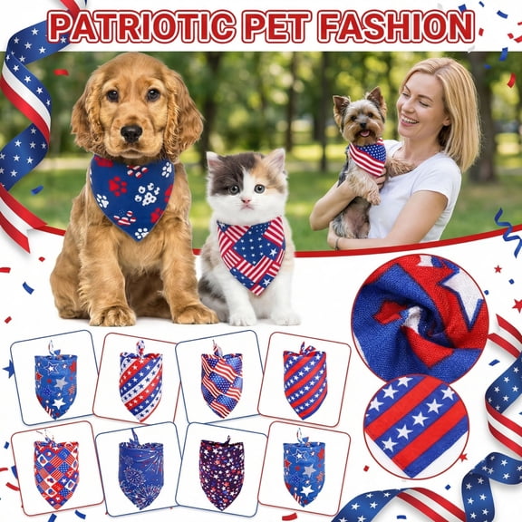 Holiday Pet Accessory, Dog Tshirts for Small Dogs, 4Th of July Dog Dress, Dog Bandanas 4Th of July, Lightweight Soft Polyester Triangular Neckwear, Fun Red White Blue Usa Star
