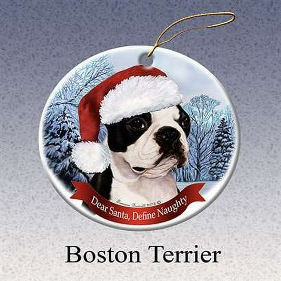 Holiday Pet Gifts Boston Terrier Santa Hat Dog Porcelain Christmas Tree Ornament