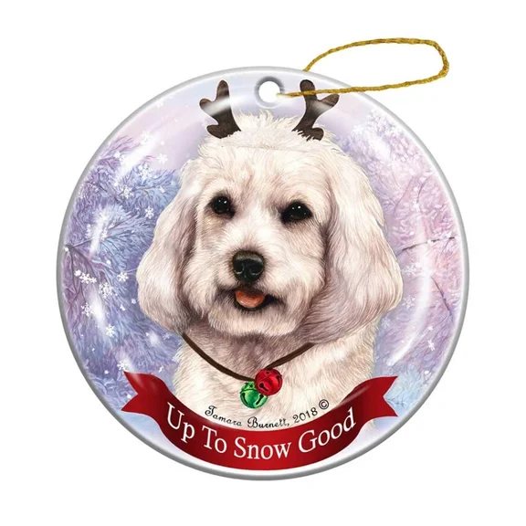 Holiday Pet Gifts Cockapoo White Dog Porcelain Christmas 2D FLAT CIRCLE Ceramic Ornament