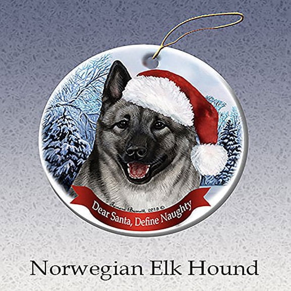 Holiday Pet Gifts Norwegian Elkhound Santa Hat Dog Porcelain Christmas Ornament