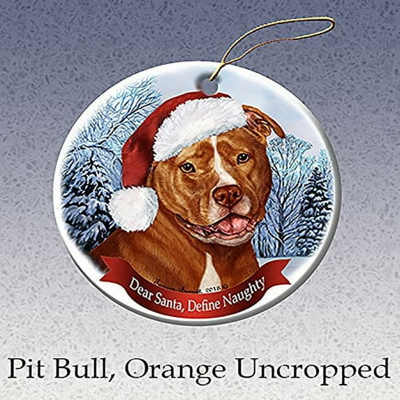 Holiday Pet Gifts Orange & White Pit Bull (Uncropped) Santa Hat Dog Porcelain Christmas Tree Ornament