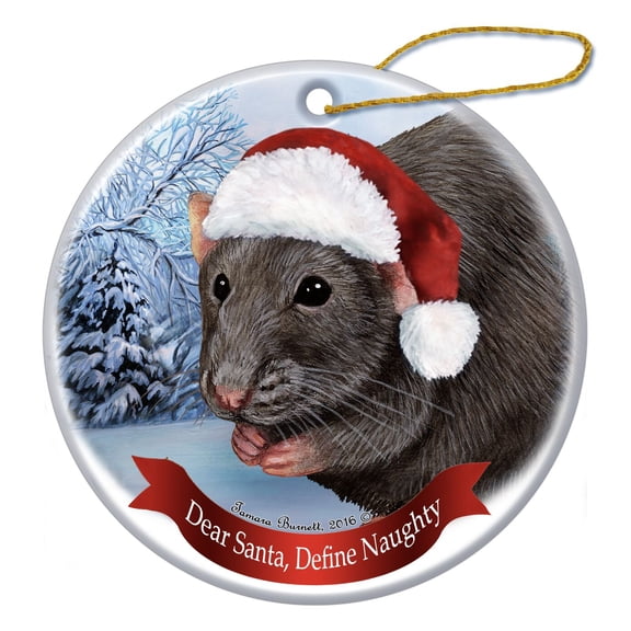 Holiday Pet Gifts Solid Dark Grey Rat Santa Hat Porcelain Christmas Ornament