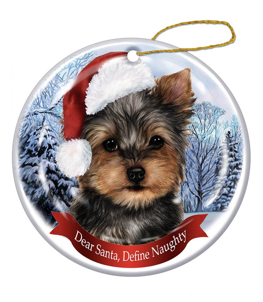 Holiday Pet Gifts Yorkie Santa Hat Dog Porcelain Christmas Tree Ornament