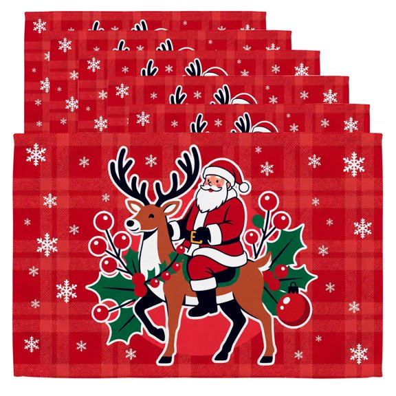 Holiday Place Mats A christmas image of Santa riding a reindeer,Set of 6,Rectangle 12x18 in,Christmas Decorations Restaurant